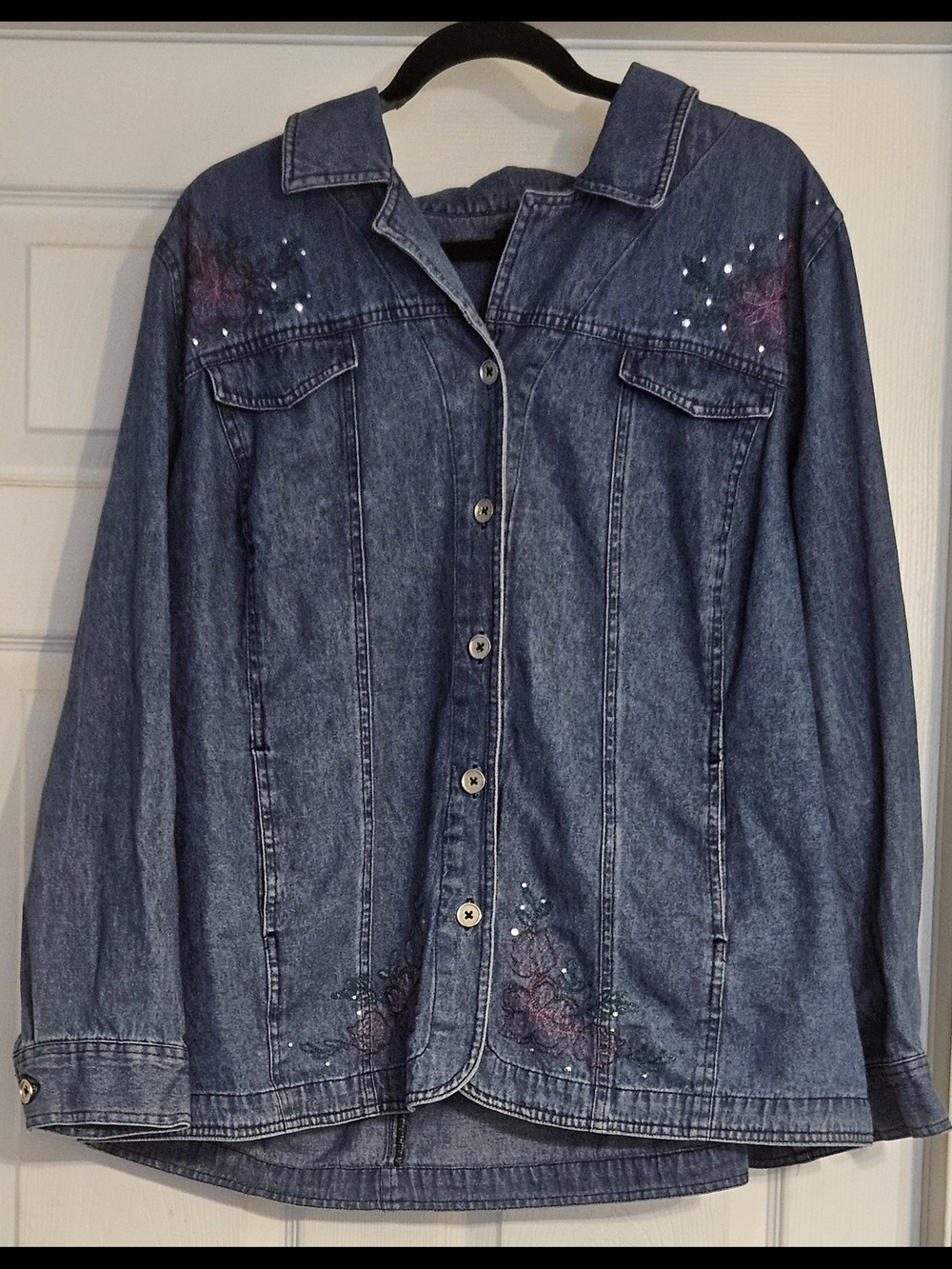 Vintage Denim Beaded Floral Embroidered Jacket Sz 3X